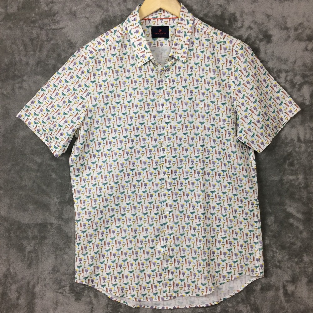 Simon Carter Shirt Mens Large Linen Button Up Cocktails Drinks Print Slim Fit